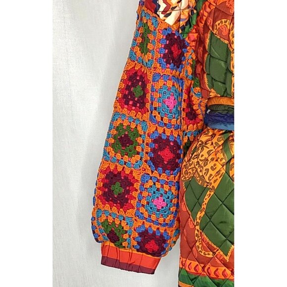 Farm Rio Crochet Sleeve Puffer Jacket Patchwork Tapestry Winter Tropical Longlin - Picture 5 of 15